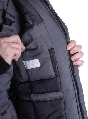 Костюм мужской КМ-10 ЛЮКС от пониженных температур воздуха и ветра, механических воздействий и ОПЗ (куртка, полукомбинезон), серый/красный/чёрный Кос 212