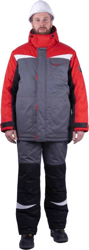 Костюм мужской КМ-10 ЛЮКС от пониженных температур воздуха и ветра, механических воздействий и ОПЗ (куртка, полукомбинезон), серый/красный/чёрный Кос 212