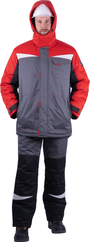 Костюм мужской КМ-10 ЛЮКС от пониженных температур воздуха и ветра, механических воздействий и ОПЗ (куртка, полукомбинезон), серый/красный/чёрный Кос 212