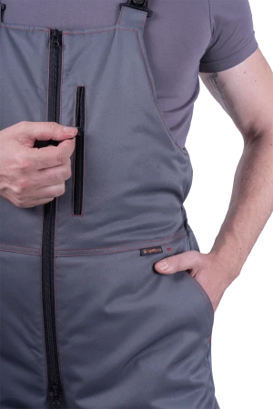 Костюм мужской КМ-10 ЛЮКС от пониженных температур воздуха и ветра, механических воздействий и ОПЗ (куртка, полукомбинезон), серый/красный/чёрный Кос 212