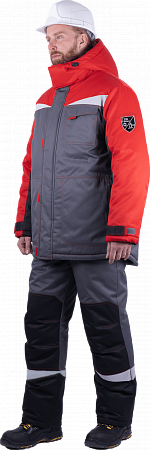 Костюм мужской КМ-10 ЛЮКС от пониженных температур воздуха и ветра, механических воздействий и ОПЗ (куртка, полукомбинезон), серый/красный/чёрный Кос 212